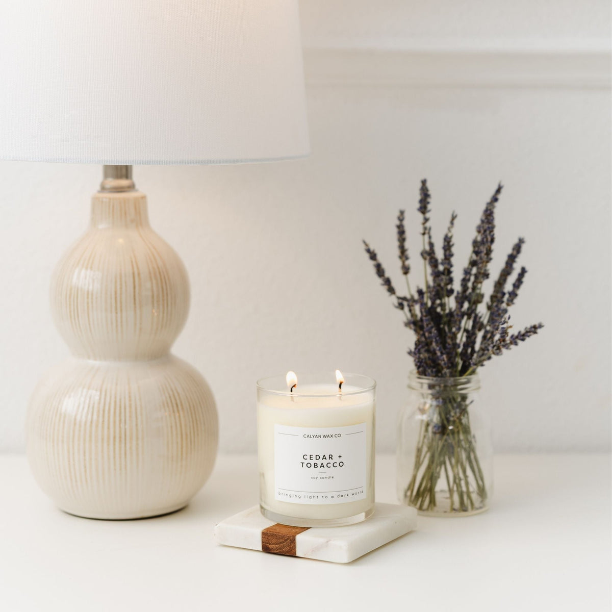 Cedar + Tobacco Glass Tumbler Soy Candle - Calyan Wax Co.