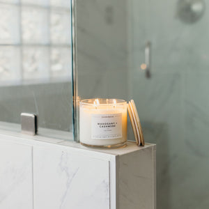 Mahogany + Cashmere 3 - Wick Clear Glass Tumbler Soy Candle - Calyan Wax Co.